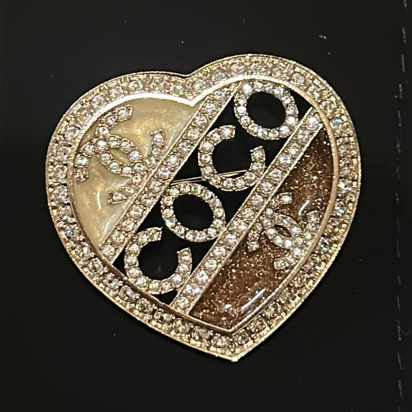 CHANEL Jewelry - Chanel Crystal CC and Coco Mark Brooch Silver and Pink C23B